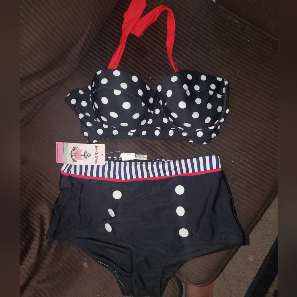 NWT Tatyana Beach Bash retro bikini swim suit high waist sailor polka dot pinup